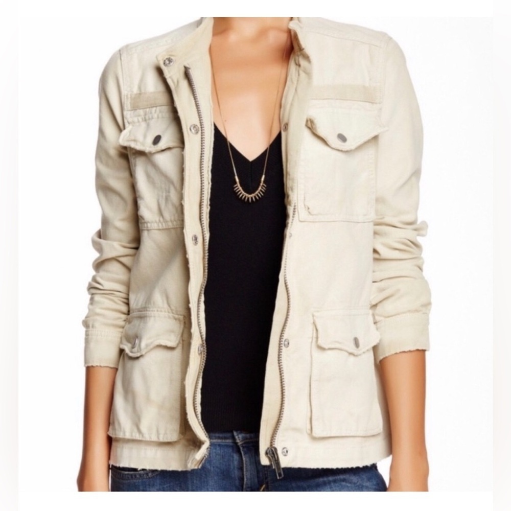 Free People Distressed Utility Cargo Jacket Khaki Cream Tan
